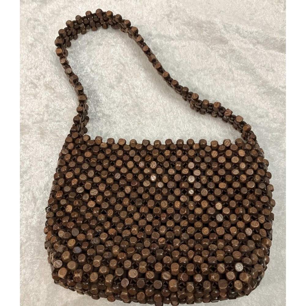 Vintage "The Sak" Polished Wooden Beaded Hand Bag Magnetic Snap Brown Lining